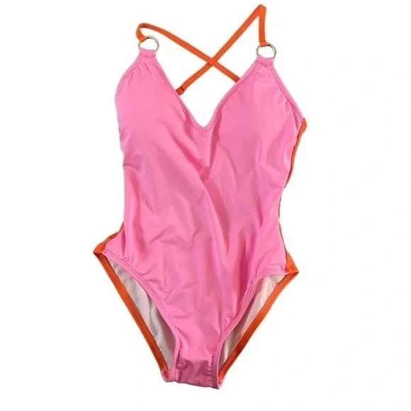 Kate Spade Plunging‎ V-Neck One Piece Swimsuit Pink Orange Small - Picture 4 of 8